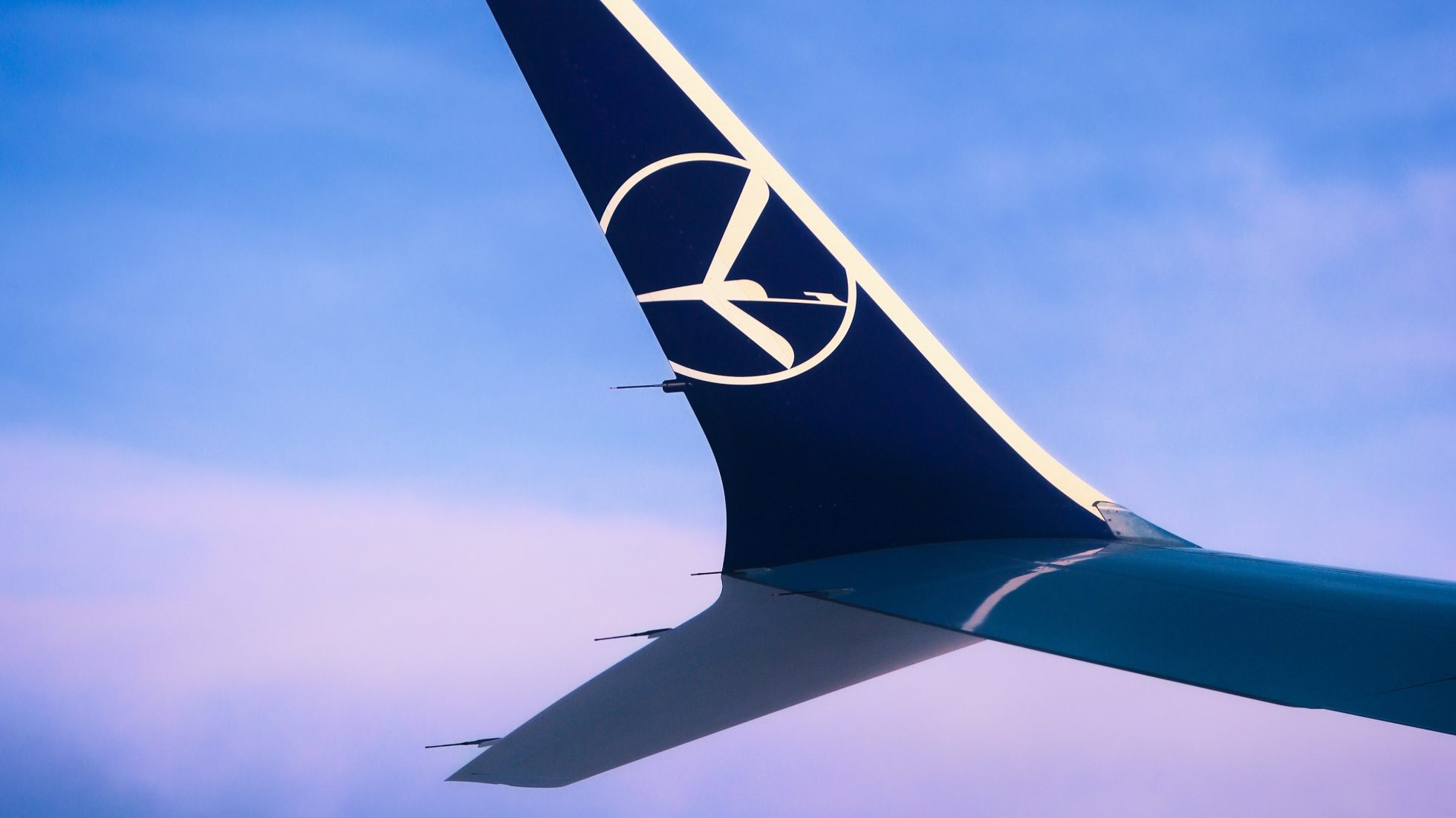 winglet samolotu Boeing 737 MAX z logiem żurawia na fioletowym tle